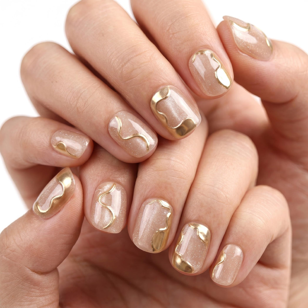 Glossy Nude Gold French Tip Press On Nails Short Almond, 30 PCS