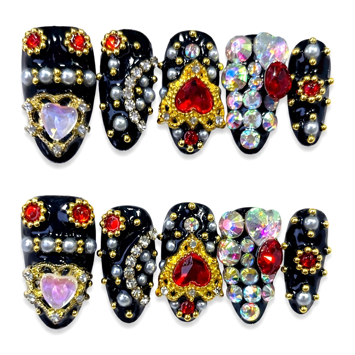 Luxury Handmade Press on Nails Long Stiletto Acrylic Fake Nails with Rhinestone Pearl Designs Glossy Full Cover Reusable Stick on Nails for Women Manicure 10Pcs