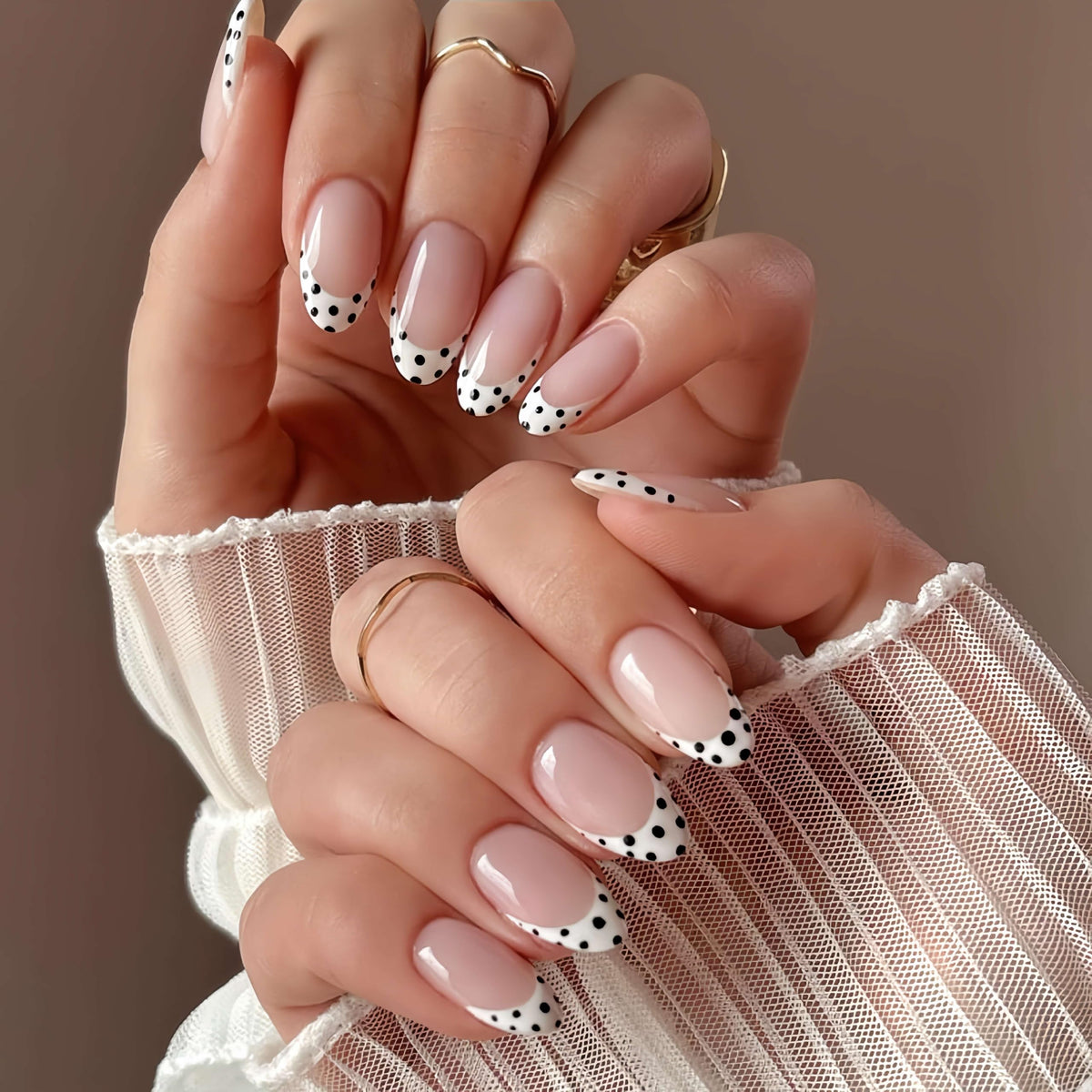 Medium Almond Press On Nails, Milky Nude Fake Nails with White French Tips, Gold Outline Design, Rhinestone and Pearl Accents, Glossy Reusable Glue On Nails for Women Wedding, 24PCS