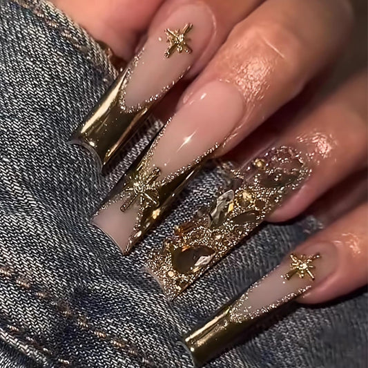 BABALAL Press on Nails, Extra Long Square Fake Nails, Gold Chrome French Tip, Luxury Rhinestone & Star Charm Design, Bling Shiny Reusable Glue on Nails 24Pcs