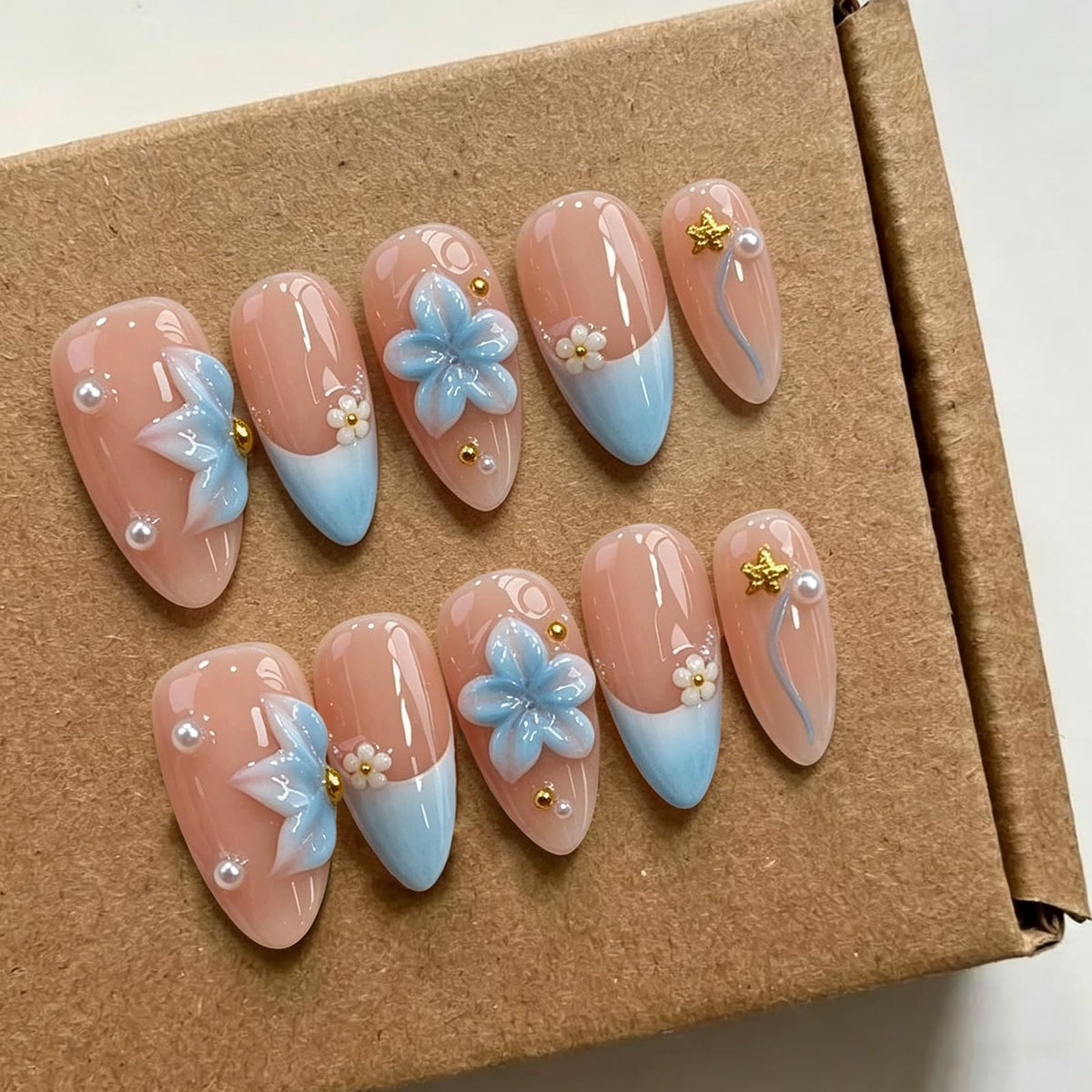 Handmade Almond Press on Nails Medium, Nude White French Tip Fake Nails with 3D White Flower Gold Metal Lines Pearl Decor, Glossy Reusable Full Cover False Nails for Women Wedding Daily(S)