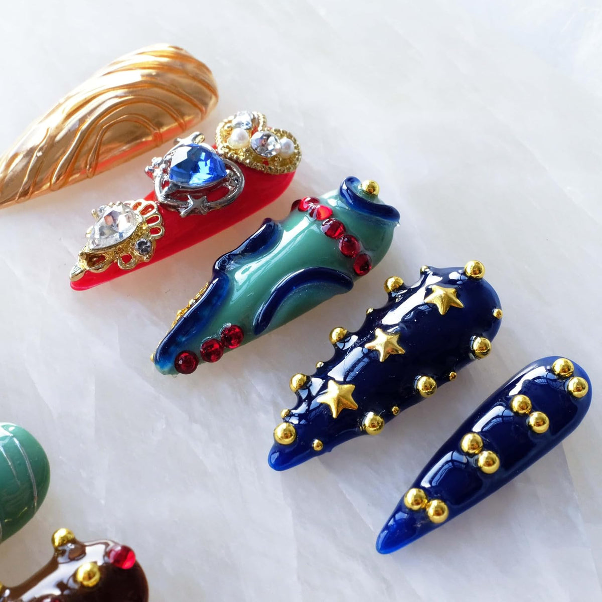 Luxury Handmade Press On Nails, Vintage Bohemian Style, Long Stiletto Shape, Crystal Heart Gems, Gold Stars Design, 10 Pieces (Large, LS)