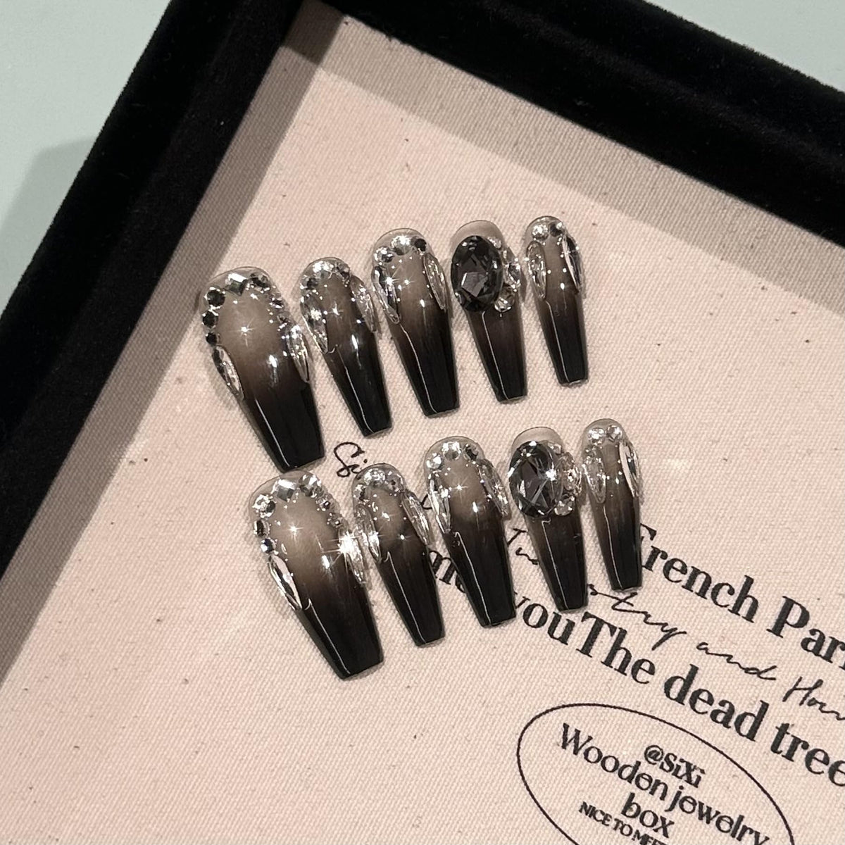 Luxury Handmade Press On Nails, Vintage Bohemian Style, Long Stiletto Shape, Crystal Heart Gems, Gold Stars Design, 10 Pieces (Large, LS)