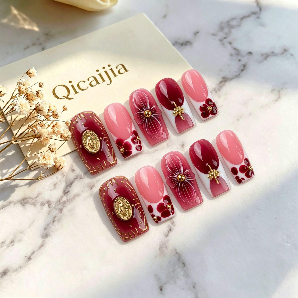 Handmade Press on Nails Medium Square Brown Gradient False Nails with 3D Flower and Swirl Design French Tip Fake Nails Luxury Reusable Acrylic Nails Press Ons for Women 10Pcs (Size M)