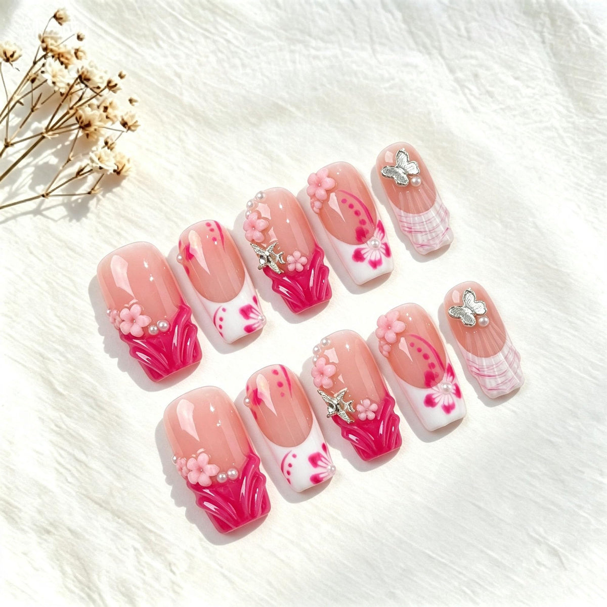 Handmade Press on Nails Medium Square Brown Gradient False Nails with 3D Flower and Swirl Design French Tip Fake Nails Luxury Reusable Acrylic Nails Press Ons for Women 10Pcs (Size M)