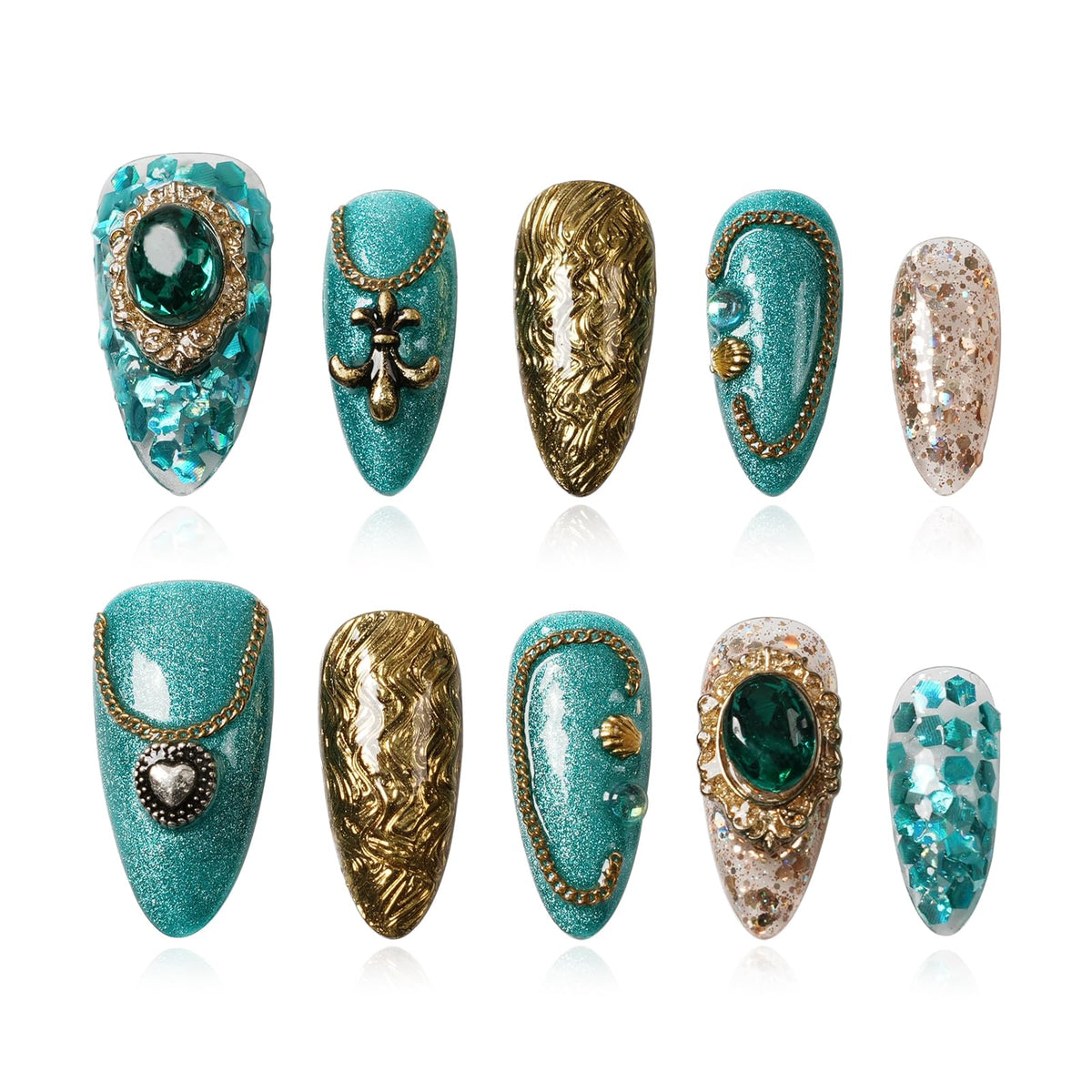 Gothic 3D Floral Press on Nails Medium Almond - Gold Cross & Rhinestone Design, Handmade Pearl Luxury Dark Romantic Reusable Nails (Orange Diamond Sweet Luxury,L)