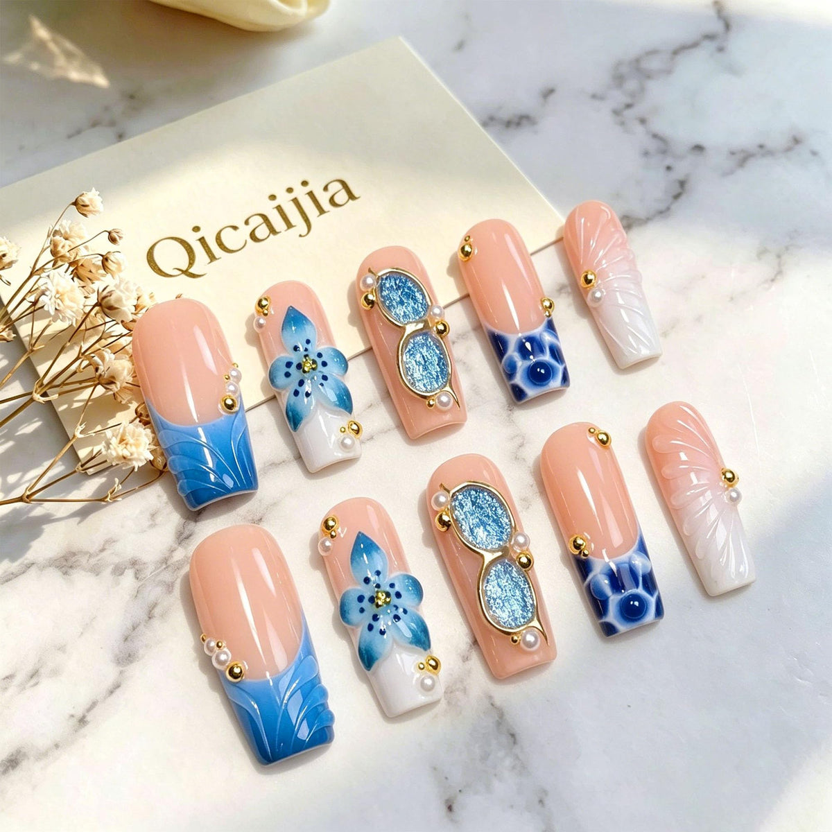 Luxury Handmade Press on Nails Long Coffin Fake Nails Rhinestone Crystal Full Cover False Nails with Glue with Designs Sparkly Long Acrylic Nail Reusable Stick on Nail for Women 10Pcs(Size M)