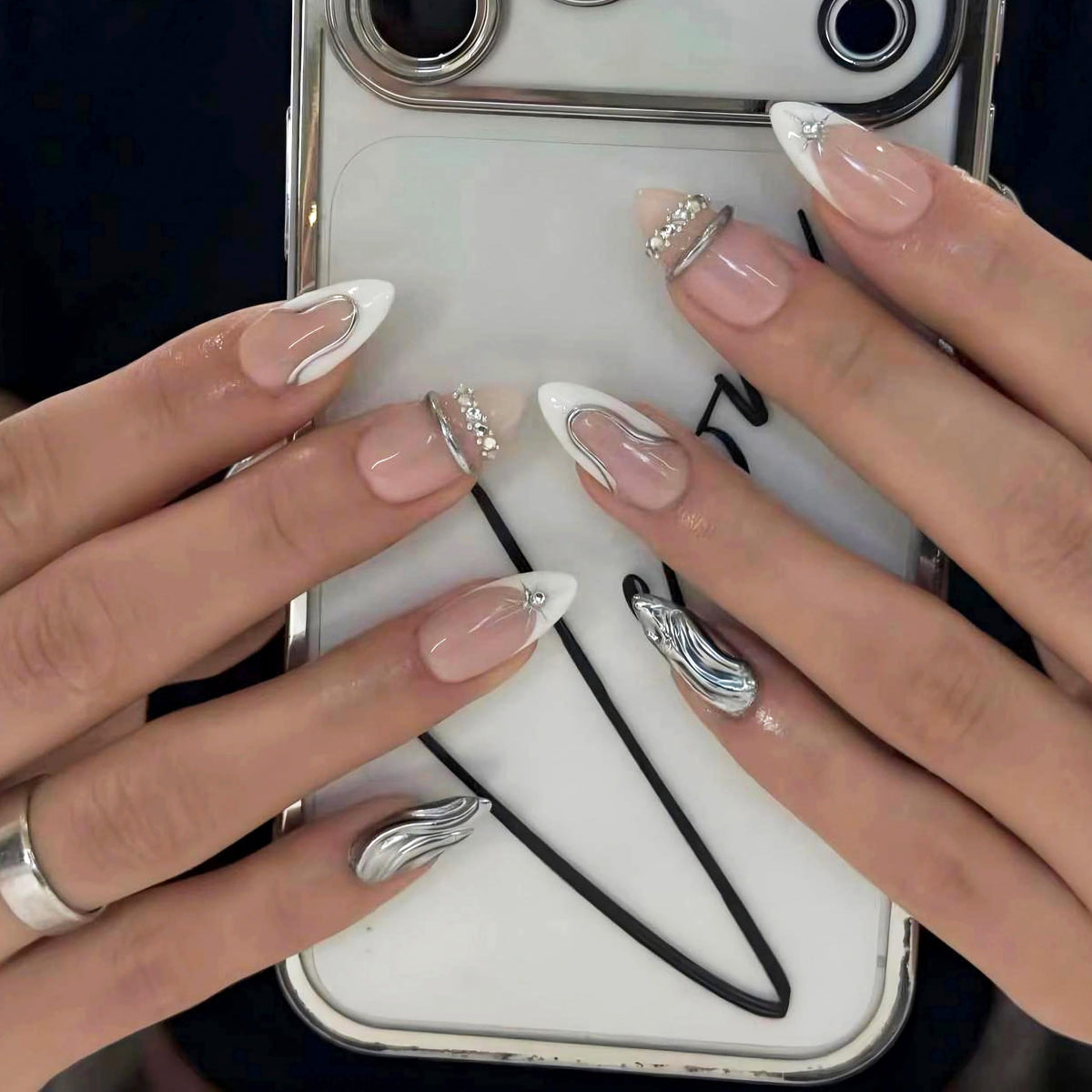 MERVF Medium Almond Press on Nails - White Ombre French Tip Fake Acrylic Nails, Rhinestones Gold Rings Design Wedding Glossy Finish 24pcs
