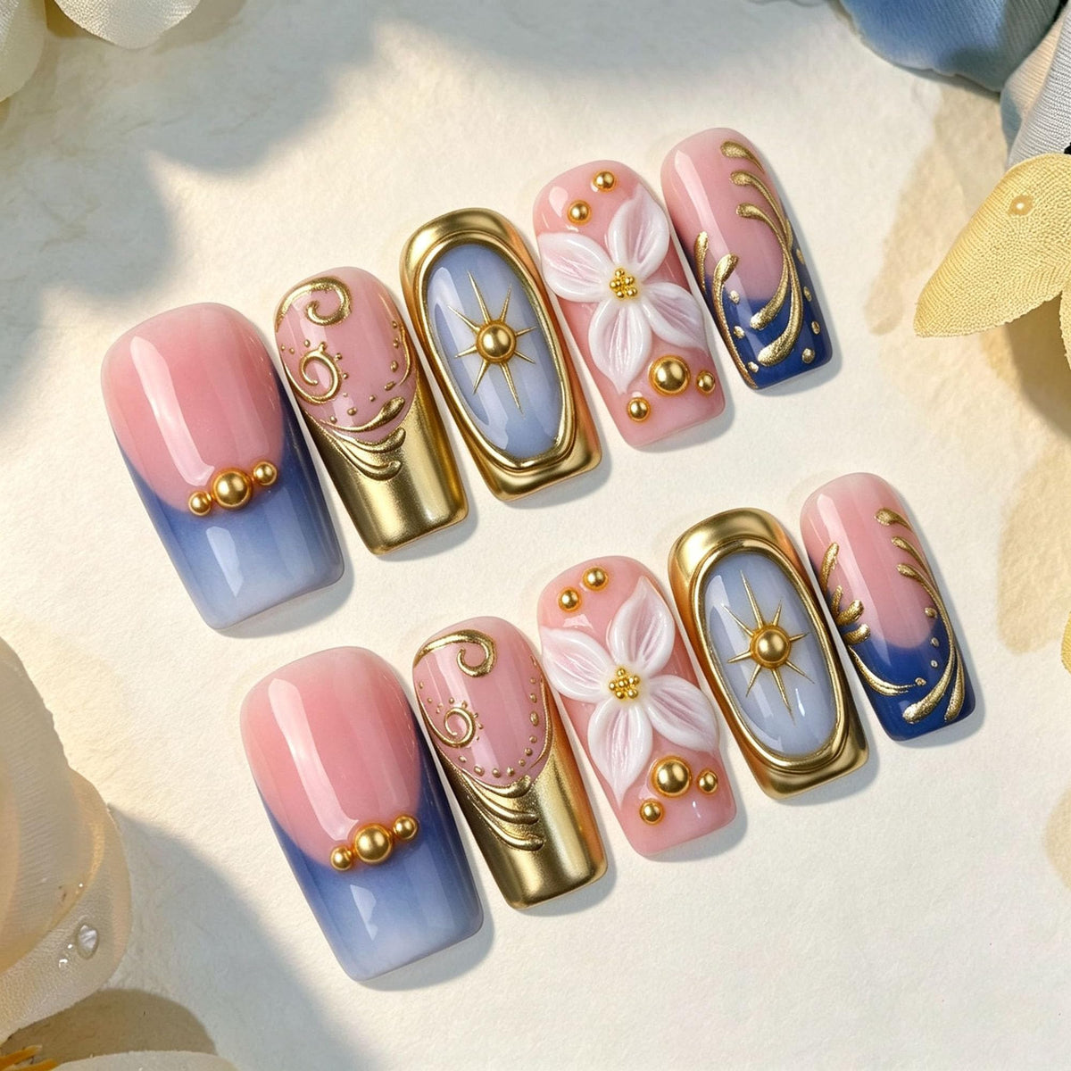 Handmade Press on Nails Medium Square Brown Gradient False Nails with 3D Flower and Swirl Design French Tip Fake Nails Luxury Reusable Acrylic Nails Press Ons for Women 10Pcs (Size M)