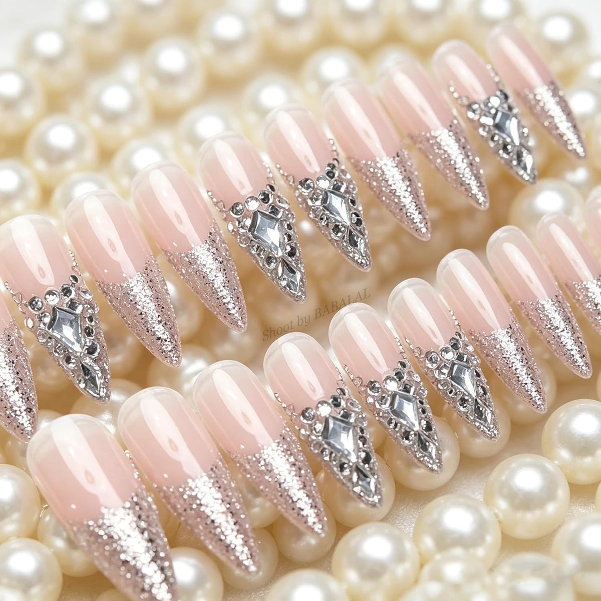 BABALAL Press On Nails, Extra Long Stiletto Fake Nails, Nude Pink, Crystal Rhinestone & Diamond Accents, Glossy Luxury Wedding Party Glue On Nails for Women and Girls 24Pcs