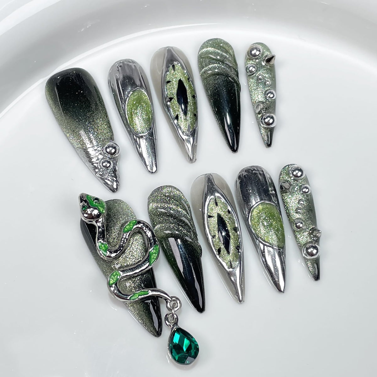 Star Moon Press on Nails Long Stiletto Fake Nails Pure Handcrafted Nail Mirror Effect Glue on Nails Glitter False Nail with Design Rhinestone Stick on Nail for Women Girls Luxury Manicure (M)
