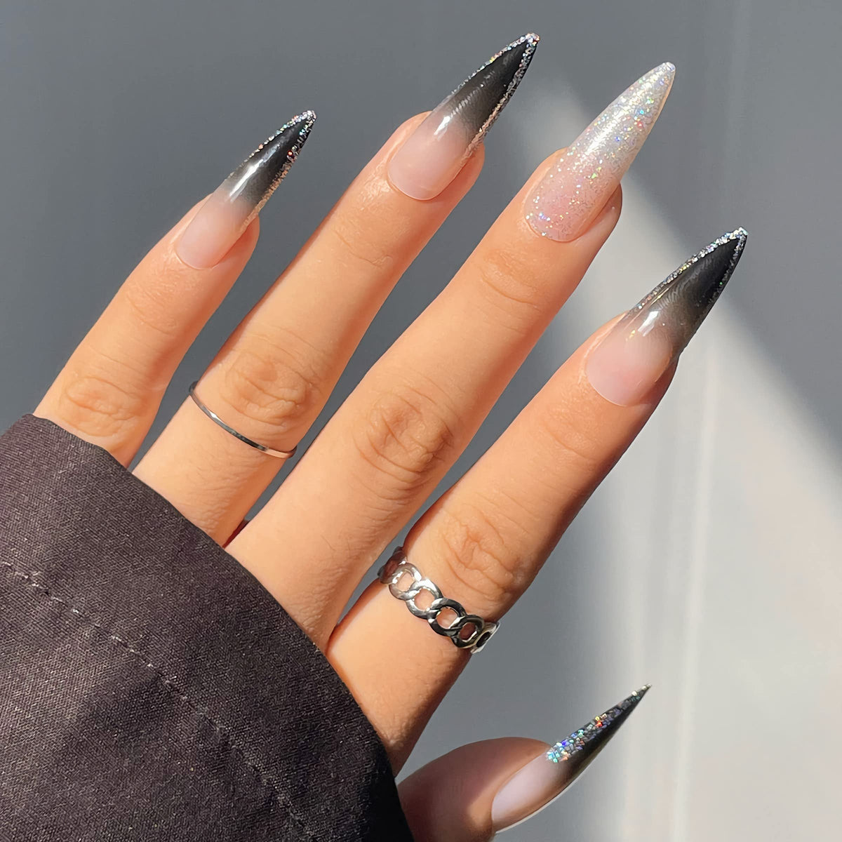 BABALAL Press On Nails, Extra Long Stiletto Fake Nails, Nude Pink, Crystal Rhinestone & Diamond Accents, Glossy Luxury Wedding Party Glue On Nails for Women and Girls 24Pcs