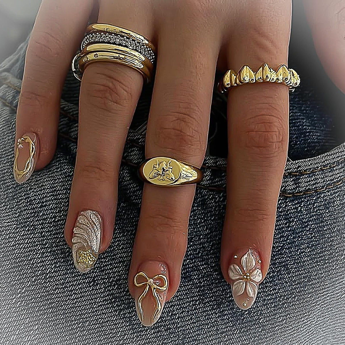 Press on Nails Medium Almond - 3D Gold Flower Vines with Rhinestone Fake Nails, Nude Pink Jelly Champagne Shimmer French Tip Bridal False Nails for Women, 30 Pcs