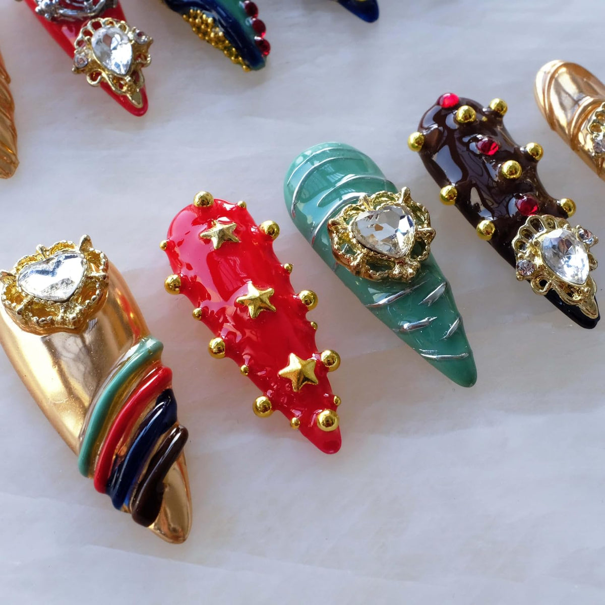 Luxury Handmade Press On Nails, Vintage Bohemian Style, Long Stiletto Shape, Crystal Heart Gems, Gold Stars Design, 10 Pieces (Large, LS)