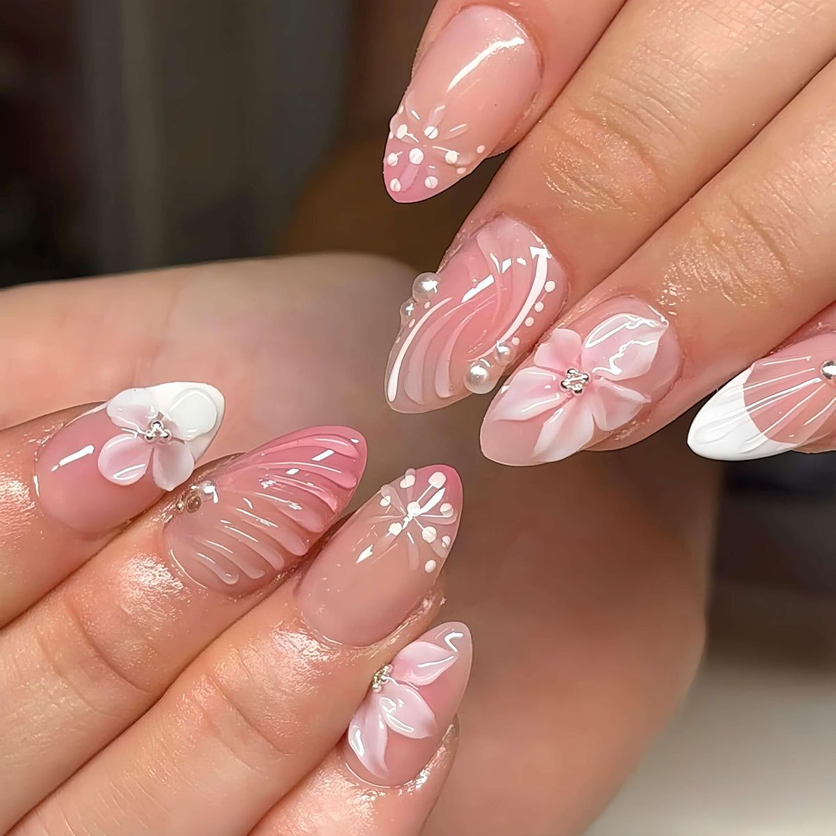 Medium Almond Press On Nails, Milky Nude Fake Nails with White French Tips, Gold Outline Design, Rhinestone and Pearl Accents, Glossy Reusable Glue On Nails for Women Wedding, 24PCS