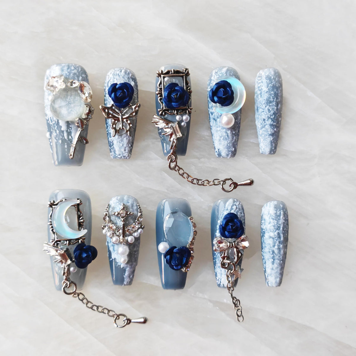 Luxury Handmade Press On Nails, Vintage Bohemian Style, Long Stiletto Shape, Crystal Heart Gems, Gold Stars Design, 10 Pieces (Large, LS)