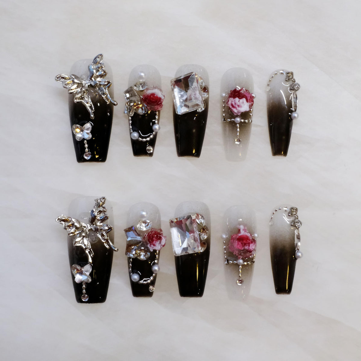 Luxury Handmade Press On Nails, Vintage Bohemian Style, Long Stiletto Shape, Crystal Heart Gems, Gold Stars Design, 10 Pieces (Large, LS)