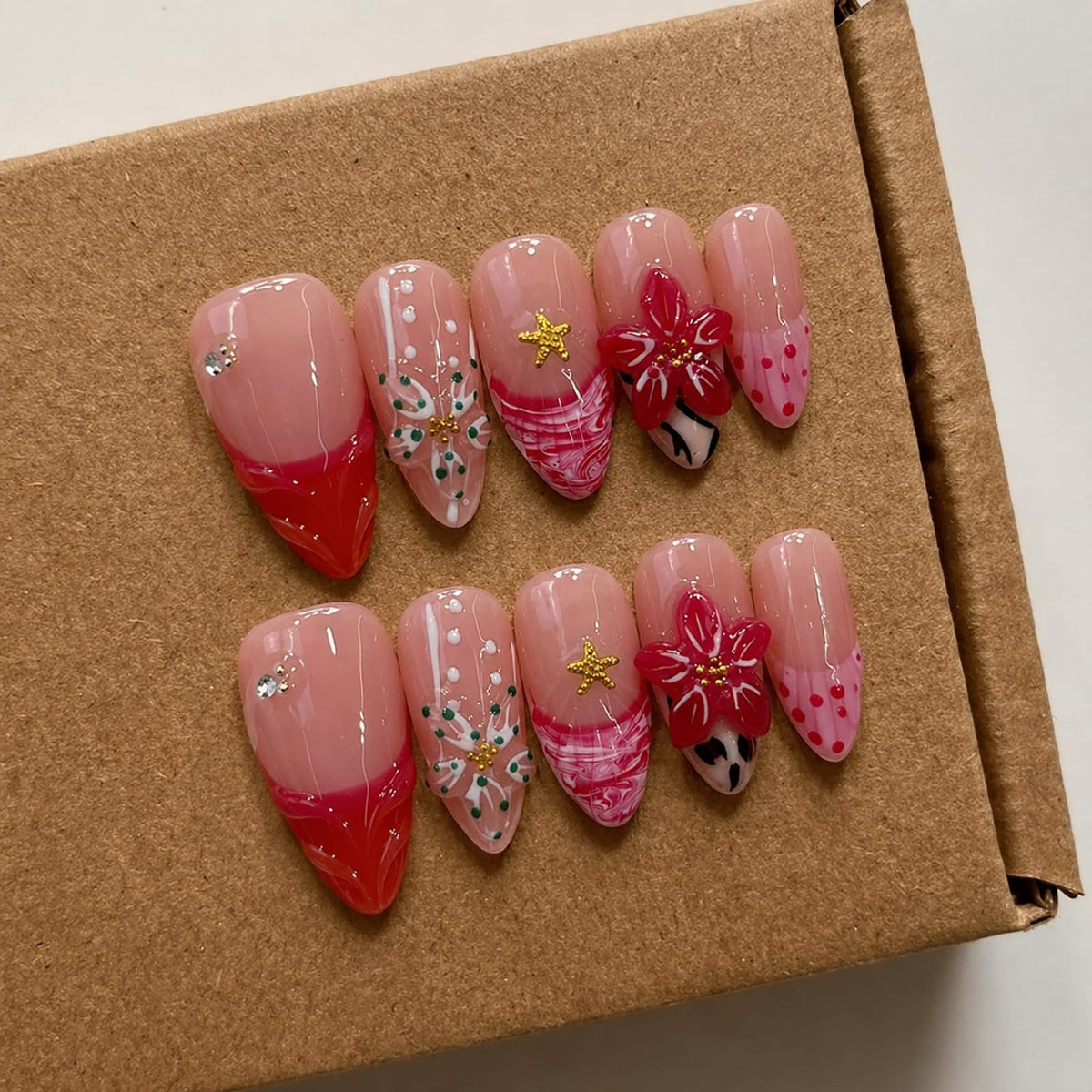 Handmade Almond Press on Nails Medium, Nude White French Tip Fake Nails with 3D White Flower Gold Metal Lines Pearl Decor, Glossy Reusable Full Cover False Nails for Women Wedding Daily(S)
