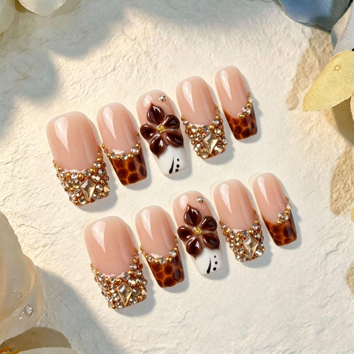 Luxury Handmade Press on Nails Medium Square Fake Nails Blue French False Nails with Ombre 3D Flower Art Design Acrylic Nails Handmade Stick on Nail for Women Manicure 10Pcs (Size M)