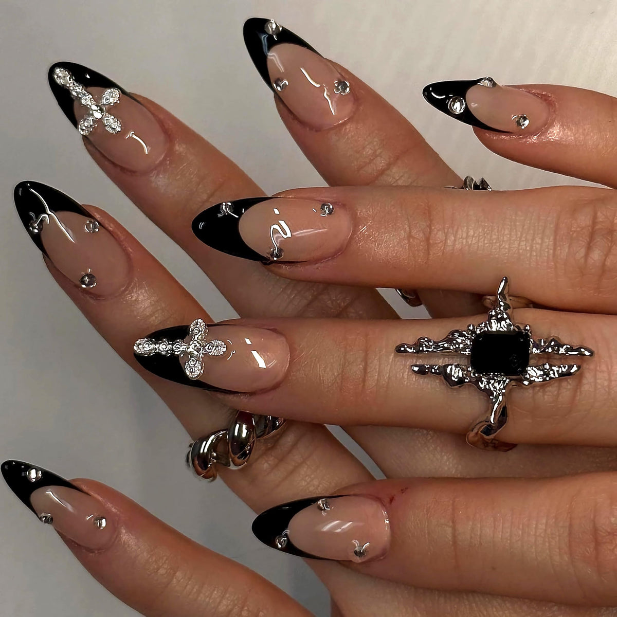 MERVF Medium Almond Press on Nails - White Ombre French Tip Fake Acrylic Nails, Rhinestones Gold Rings Design Wedding Glossy Finish 24pcs