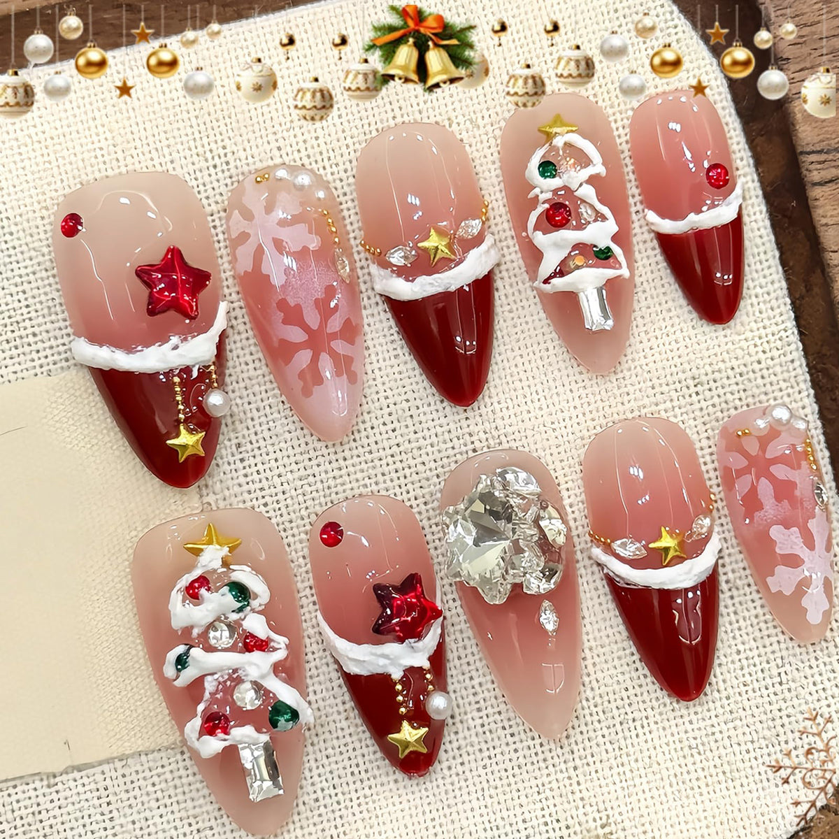 Nude Jelly Press on Nails Long Coffin, Handmade Luxury Rhinestone False Nails with Crystal & Pearl, Glossy Nude Ballerina Fake Nails Reusable Stick On Nails Set for Women 10Pcs
