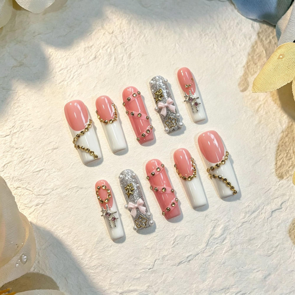 Luxury Handmade Press on Nails Long Coffin Fake Nails Rhinestone Crystal Full Cover False Nails with Glue with Designs Sparkly Long Acrylic Nail Reusable Stick on Nail for Women 10Pcs(Size M)