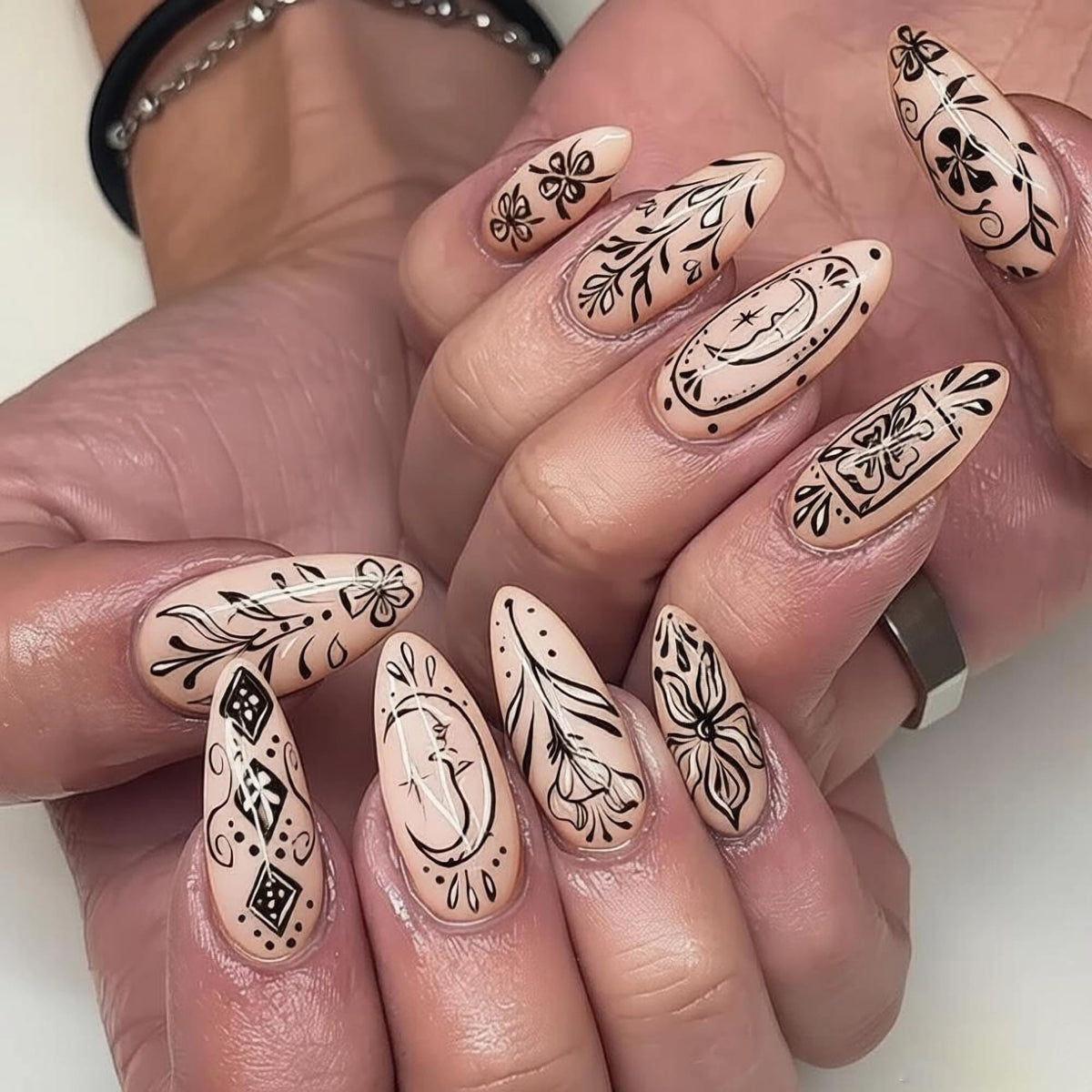 MERVF Medium Almond Press on Nails - White Ombre French Tip Fake Acrylic Nails, Rhinestones Gold Rings Design Wedding Glossy Finish 24pcs