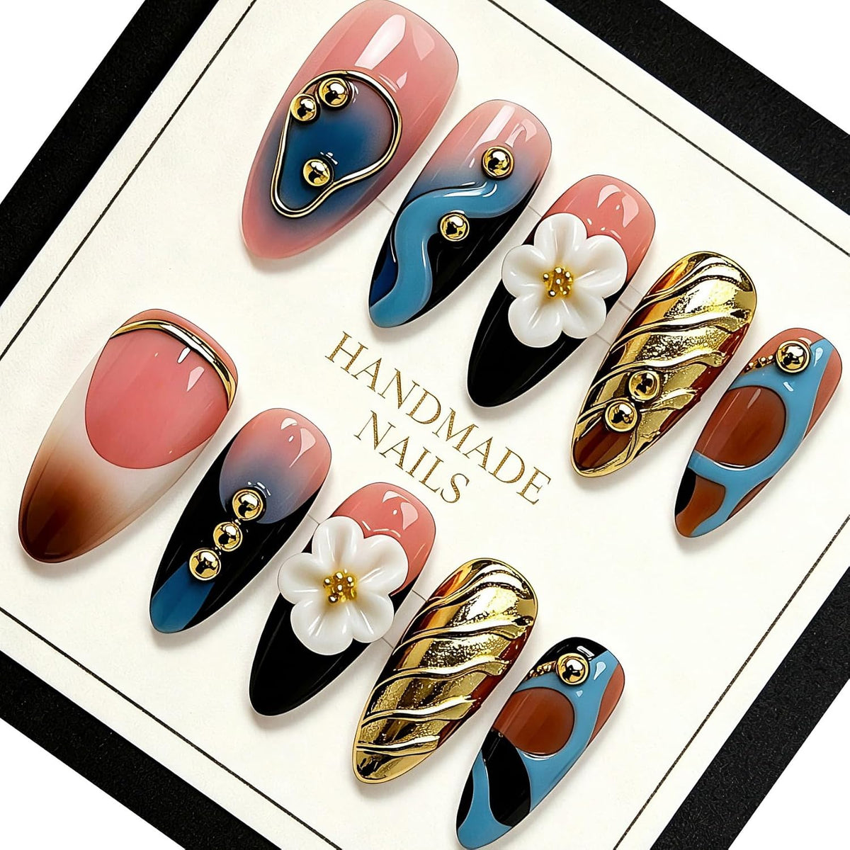 Handmade Almond Press on Nails, Abstract 3D Floral Gold, 10Pcs
