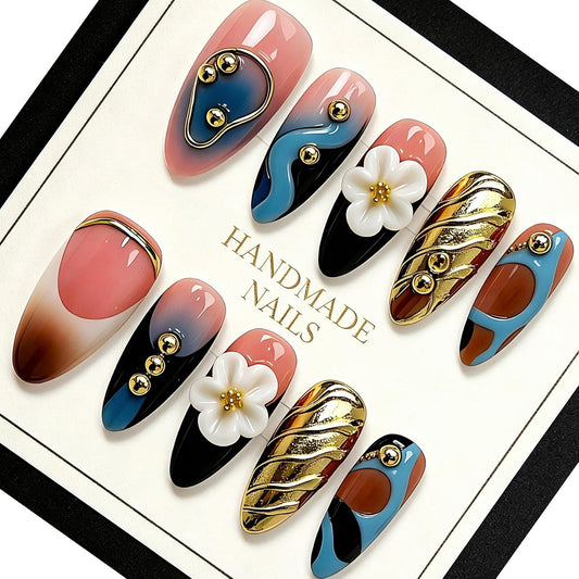 Handmade Almond Press on Nails, Abstract 3D Floral Gold, 10Pcs