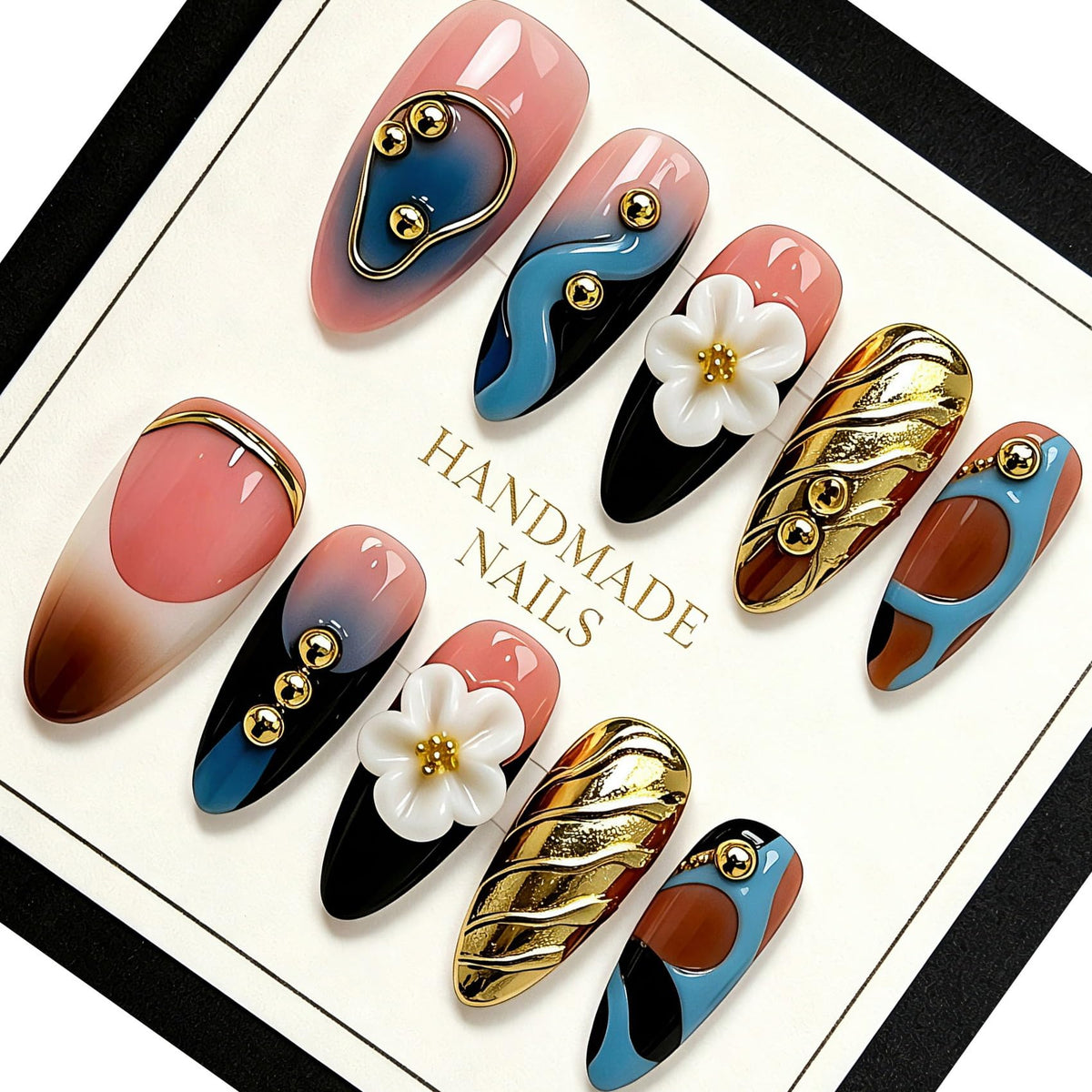 Handmade Almond Press on Nails, Abstract 3D Floral Gold, 10Pcs