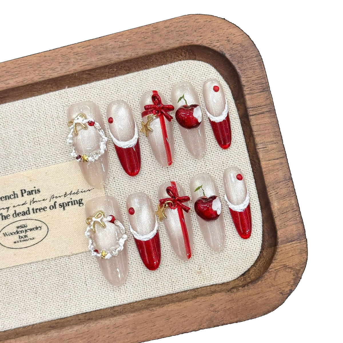 Luxury Handmade Press On Nails, Vintage Bohemian Style, Long Stiletto Shape, Crystal Heart Gems, Gold Stars Design, 10 Pieces (Large, LS)