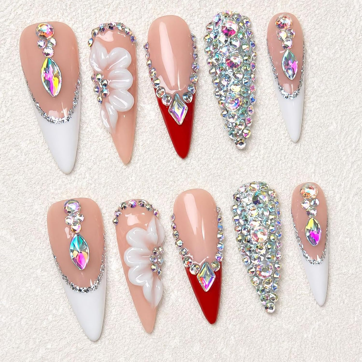 Long Stiletto Handmade Press on Nails 3D White Flower Charm 10Pcs Size M