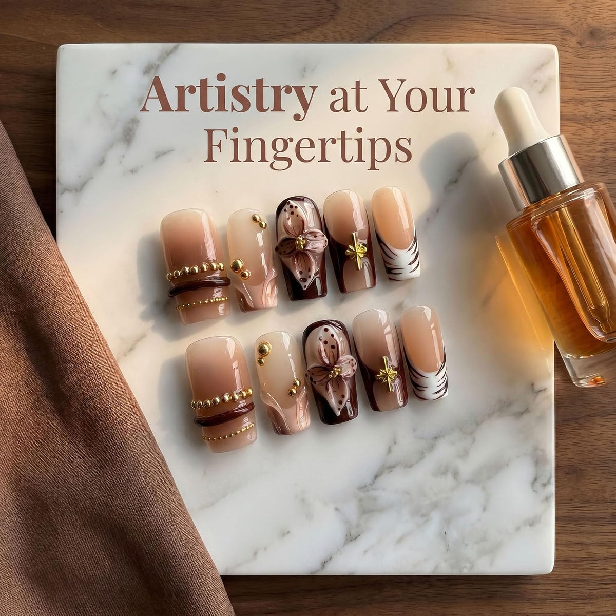 Handmade Press on Nails Medium Square Brown Gradient False Nails with 3D Flower and Swirl Design French Tip Fake Nails Luxury Reusable Acrylic Nails Press Ons for Women 10Pcs (Size M)