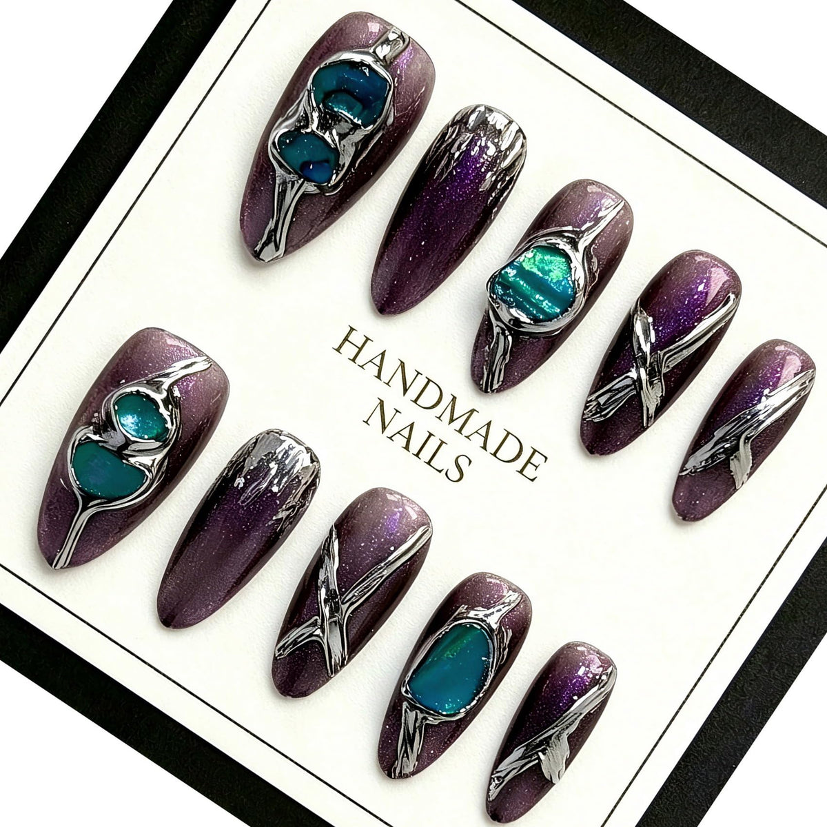 Handmade Almond Press on Nails, Abstract 3D Floral Gold, 10Pcs