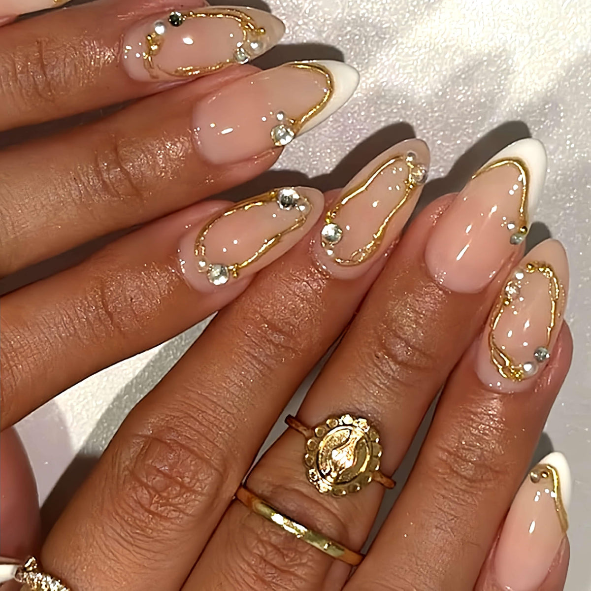 Medium Almond Press On Nails, Milky Nude Fake Nails with White French Tips, Gold Outline Design, Rhinestone and Pearl Accents, Glossy Reusable Glue On Nails for Women Wedding, 24PCS