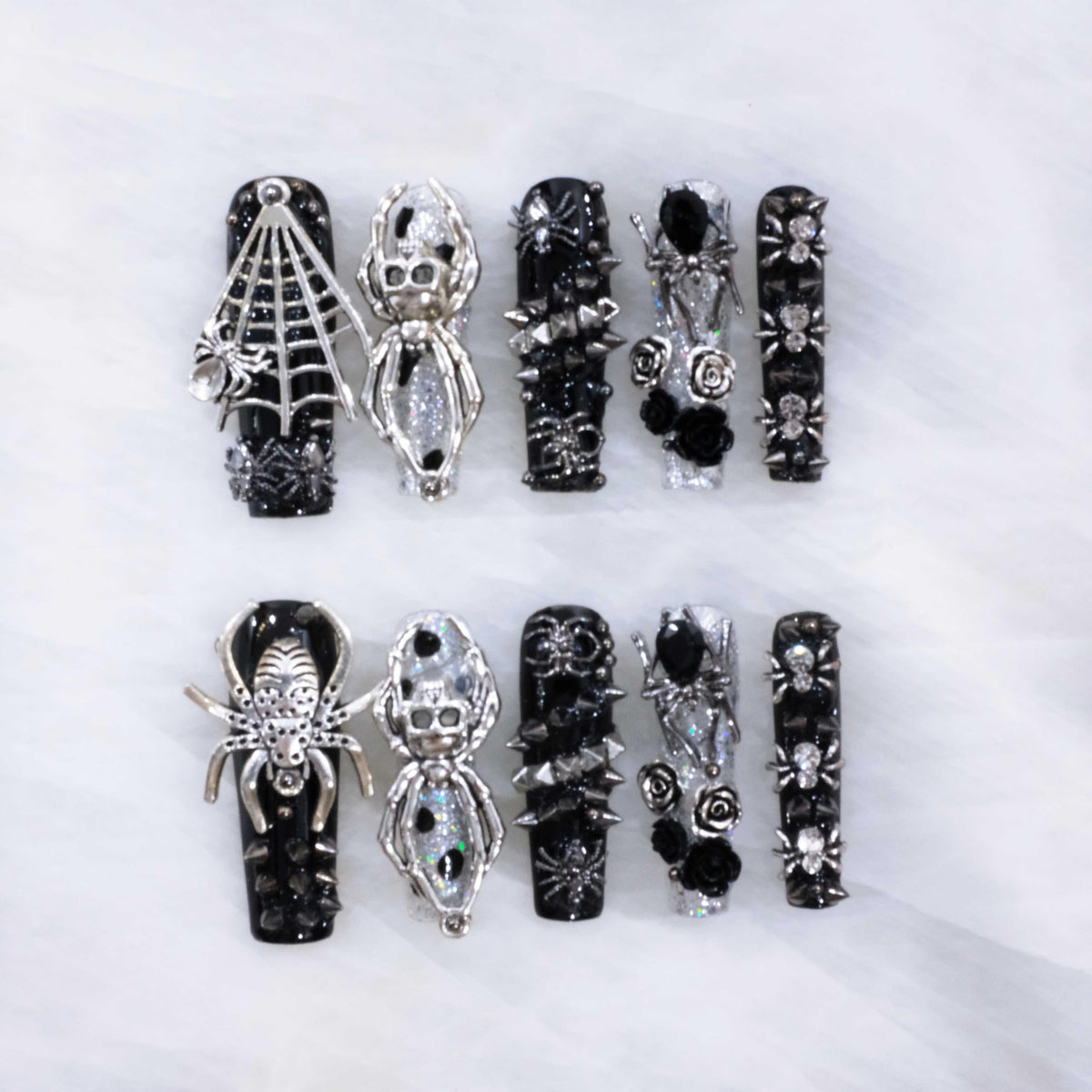 Luxury Handmade Press On Nails, Vintage Bohemian Style, Long Stiletto Shape, Crystal Heart Gems, Gold Stars Design, 10 Pieces (Large, LS)