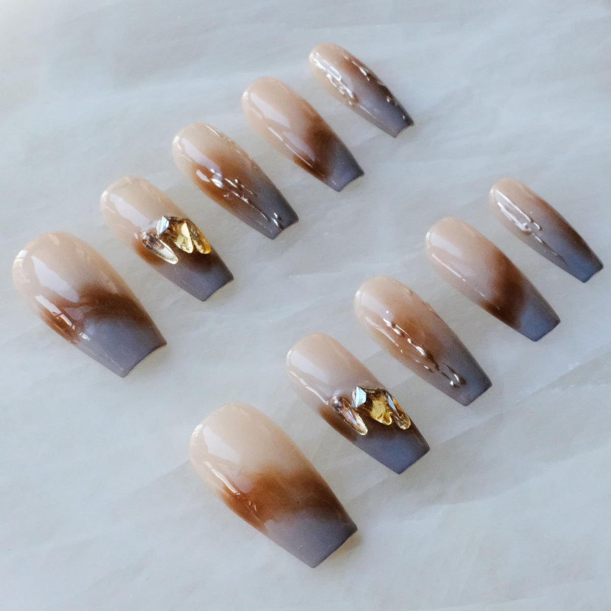 Luxury Handmade Press On Nails, Vintage Bohemian Style, Long Stiletto Shape, Crystal Heart Gems, Gold Stars Design, 10 Pieces (Large, LS)