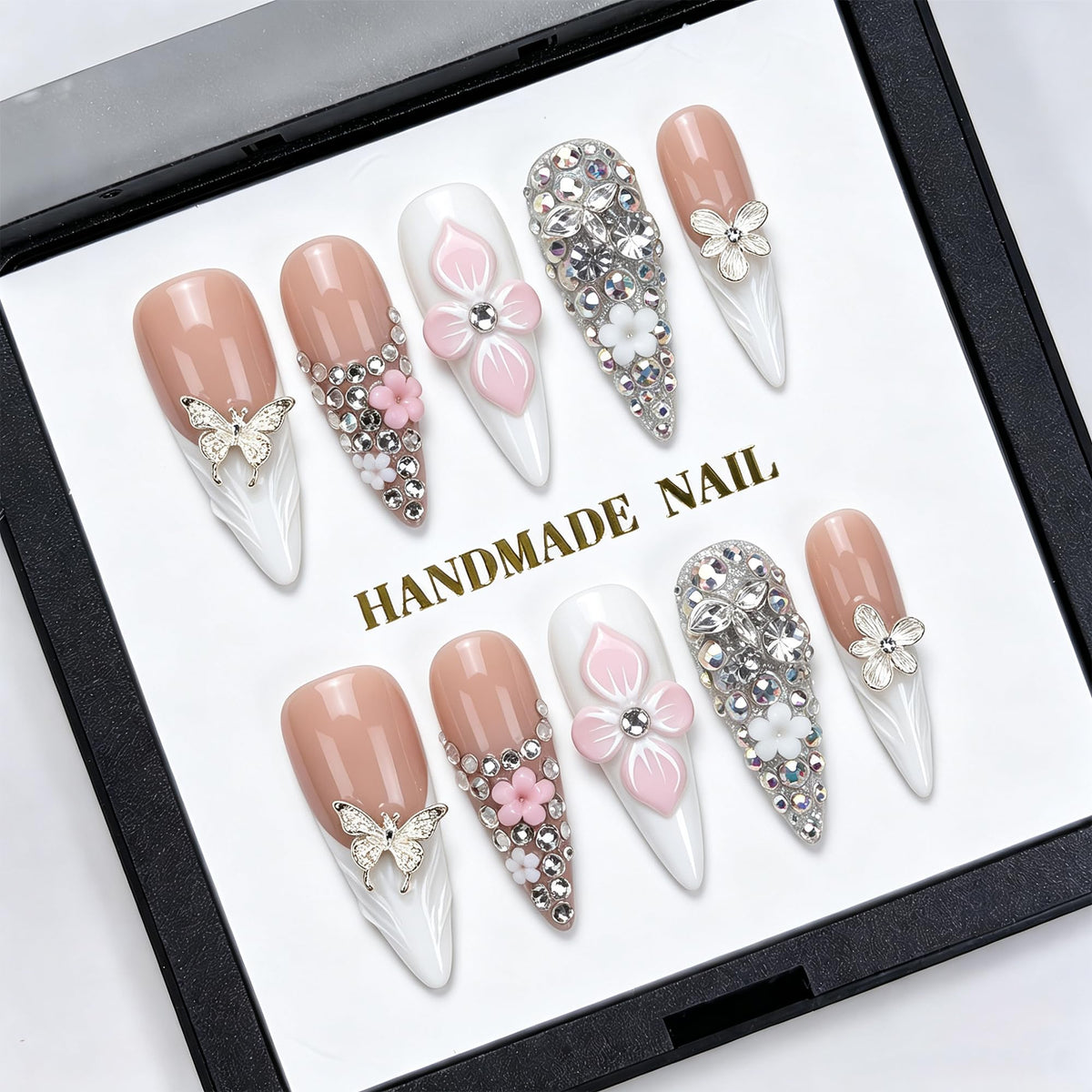Luxury Handmade Nude Stiletto Press on Nails Long French Tip Nails