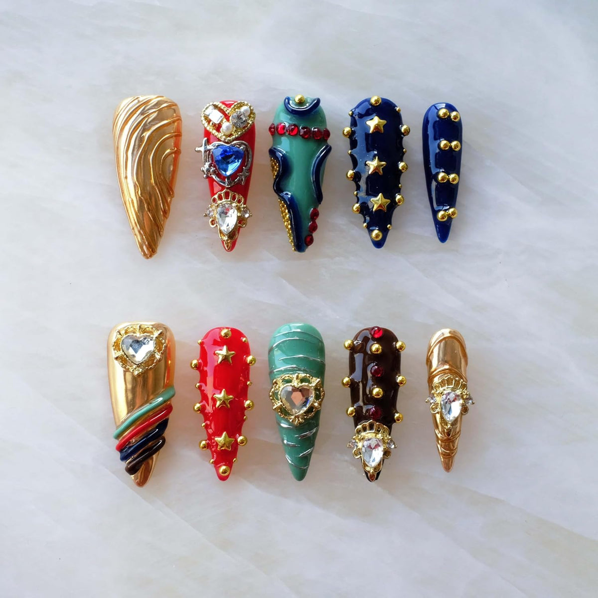 Luxury Handmade Press On Nails, Vintage Bohemian Style, Long Stiletto Shape, Crystal Heart Gems, Gold Stars Design, 10 Pieces (Large, LS)
