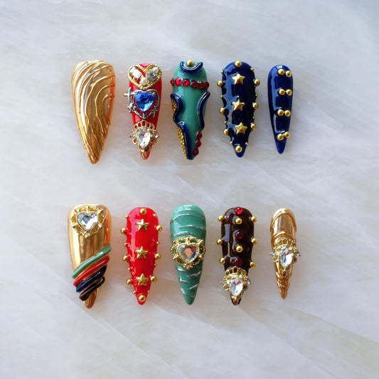 Luxury Handmade Press On Nails, Vintage Bohemian Style, Long Stiletto Shape, Crystal Heart Gems, Gold Stars Design, 10 Pieces (Large, LS)