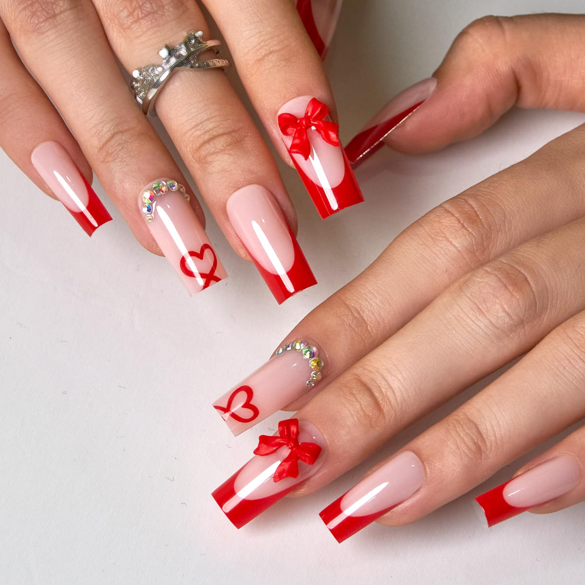 CurvLife Long French Tip Press On Nails, Pearl Rhinestones, Soft Gel