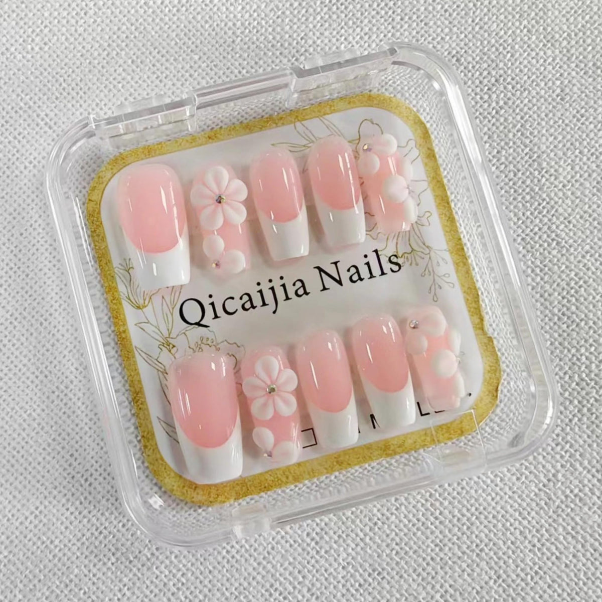 Luxury Handmade Press on Nails Medium Square Fake Nails Blue French False Nails with Ombre 3D Flower Art Design Acrylic Nails Handmade Stick on Nail for Women Manicure 10Pcs (Size M)