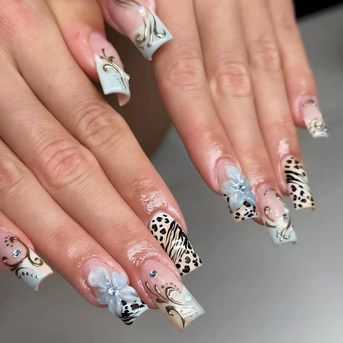BABALAL Press On Nails Long Square Fake Nails Nude Pink White French Tip Lace Pearl Rhinestone Glossy Bridal Wedding Glue On Nails 24Pcs