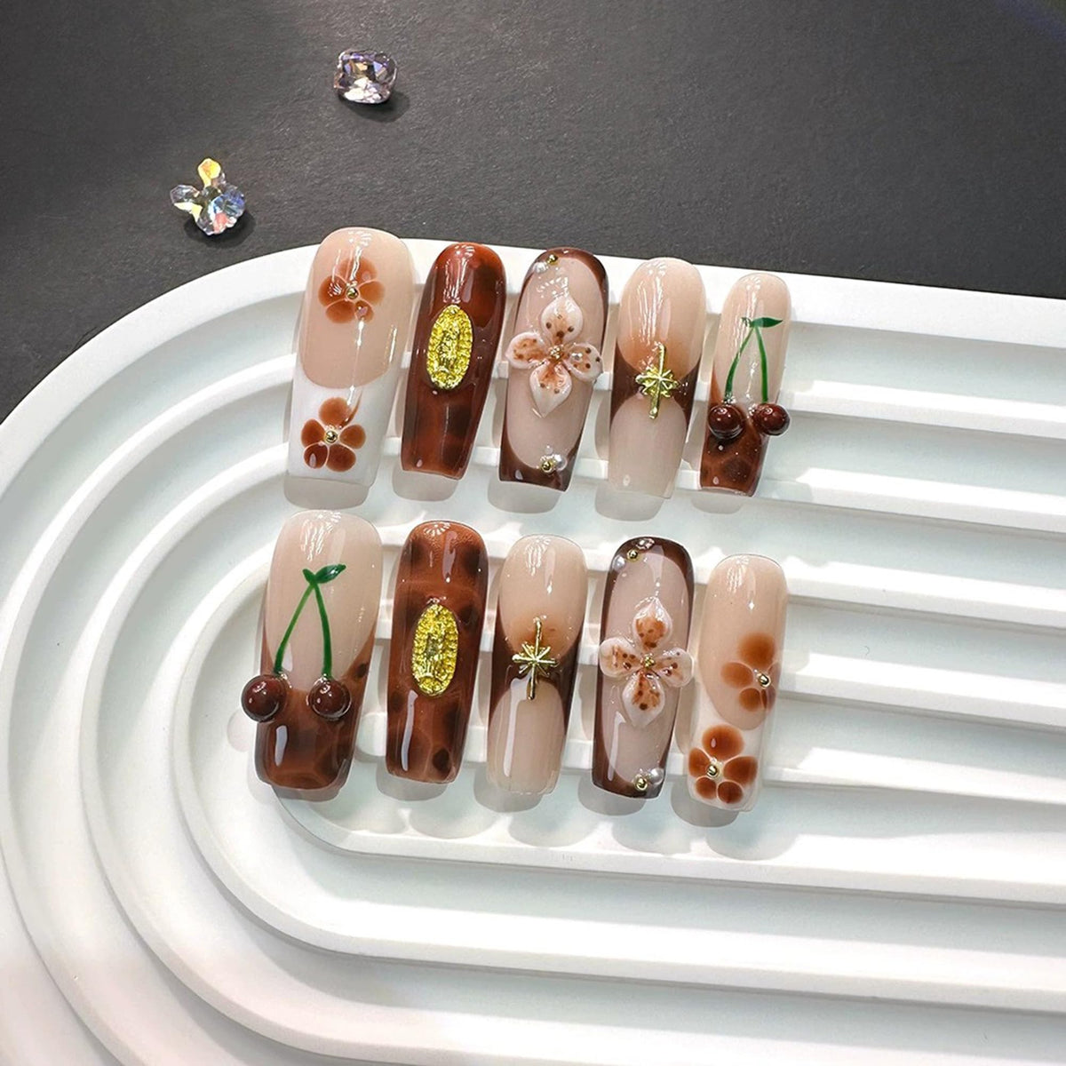 Luxury Handmade Press on Nails Long Coffin Fake Nails Rhinestone Crystal Full Cover False Nails with Glue with Designs Sparkly Long Acrylic Nail Reusable Stick on Nail for Women 10Pcs(Size M)