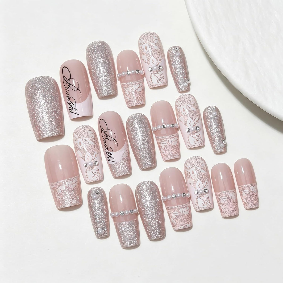 BABALAL Press On Nails Long Square Fake Nails Nude Pink White French Tip Lace Pearl Rhinestone Glossy Bridal Wedding Glue On Nails 24Pcs
