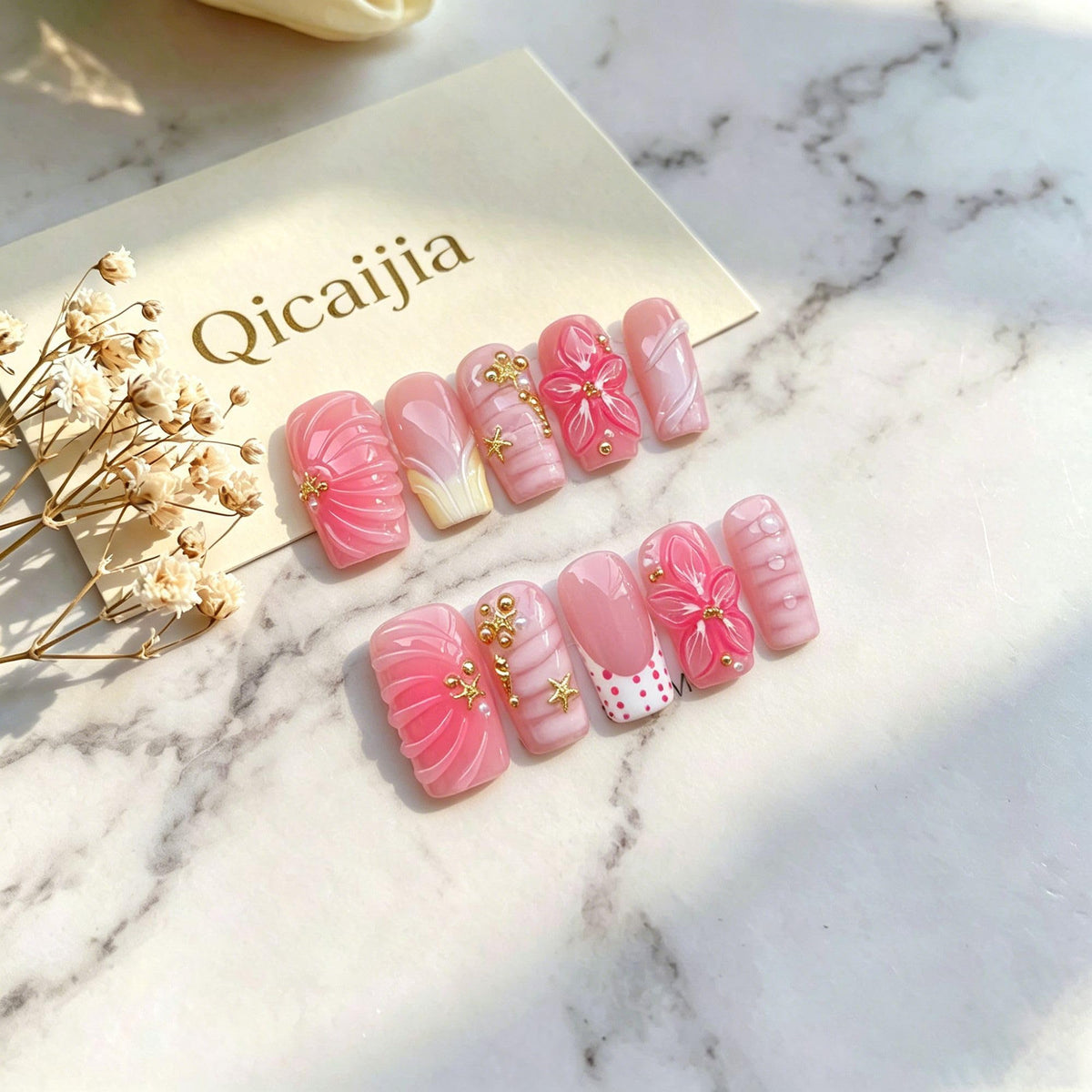 Handmade Press on Nails Medium Square Brown Gradient False Nails with 3D Flower and Swirl Design French Tip Fake Nails Luxury Reusable Acrylic Nails Press Ons for Women 10Pcs (Size M)