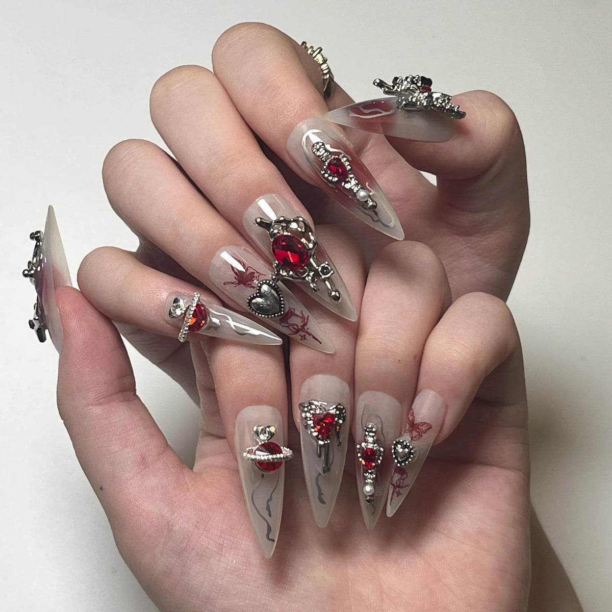 BABALAL Press On Nails, Extra Long Stiletto Fake Nails, Nude Pink, Crystal Rhinestone & Diamond Accents, Glossy Luxury Wedding Party Glue On Nails for Women and Girls 24Pcs