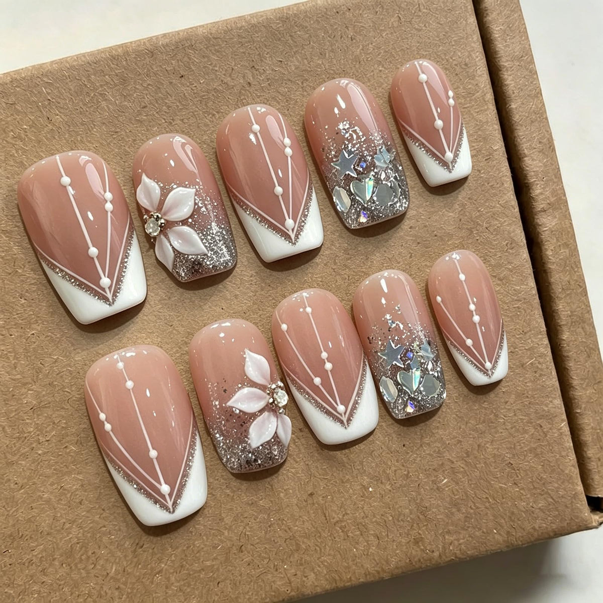 Handmade Almond Press on Nails Medium, Nude White French Tip Fake Nails with 3D White Flower Gold Metal Lines Pearl Decor, Glossy Reusable Full Cover False Nails for Women Wedding Daily(S)