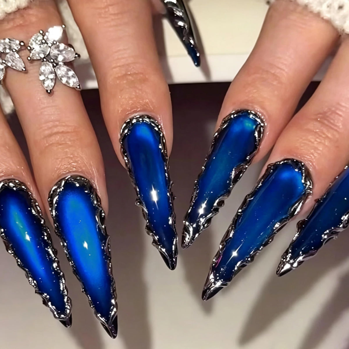 BABALAL Long Stiletto Press on Nails Metallic Gold Chrome Fake Nails