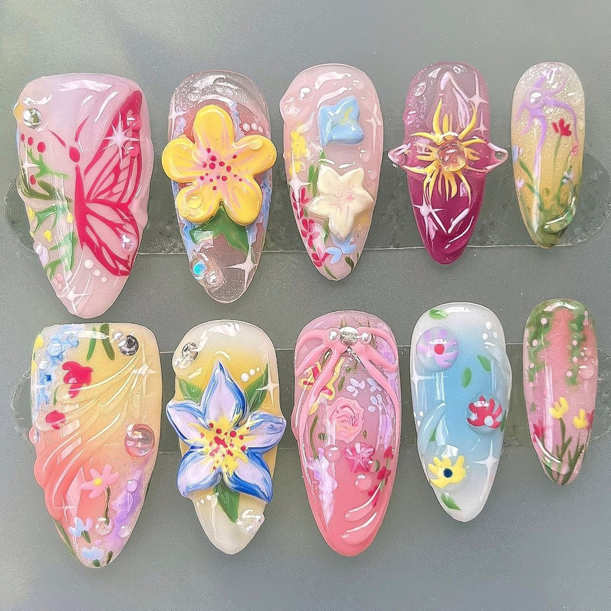 Spring Press on Nails Almond Medium Fake Nails with White Flower Designs French Tip Nails Press ons Light Green False Nails Glossy Glue on Nails Acrylic Nails Nude Stick on Nails for Women 24Pcs